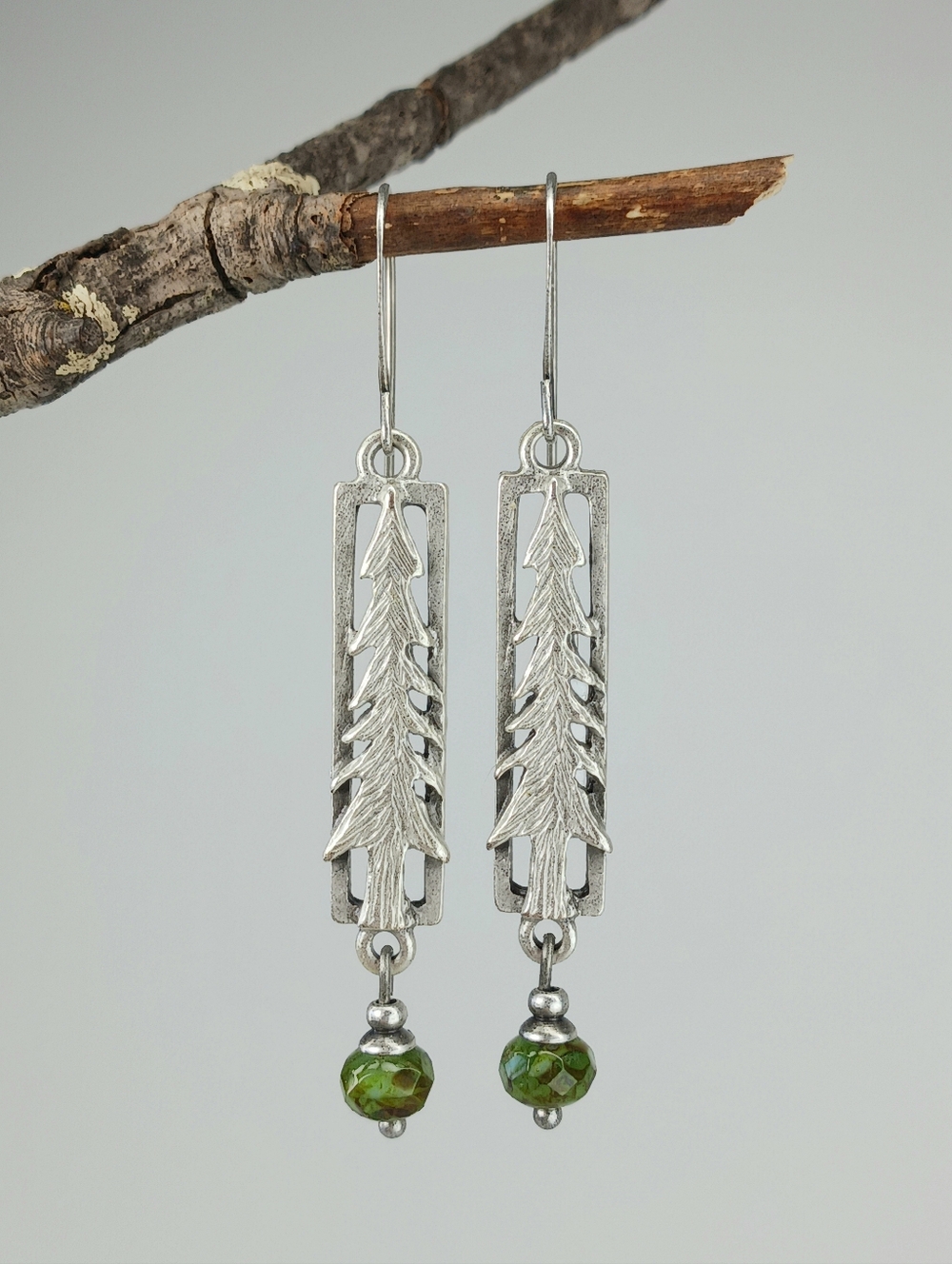 HAND CRAFTED Evergreen Tree Silver Dangle Earrings Green Czech Glass Rustic - Picture 3 of 5